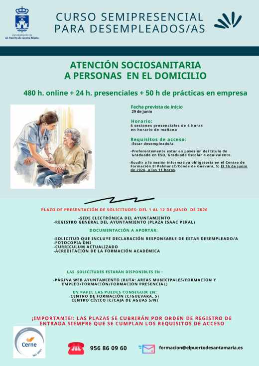 Nuevo curso de Atención Sociosanitaria a Personas en el Domicilio para desempleados portuenses